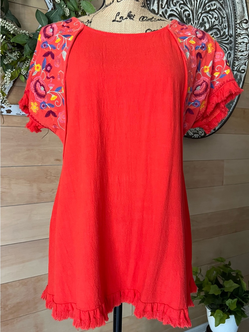 Umgee Orange Red Embroidered Fringe Sleeve Top